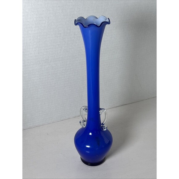 12” Tall 1950’s Handled Blue Glass Bud Vase Clear Handles White Interior - Picture 8 of 9